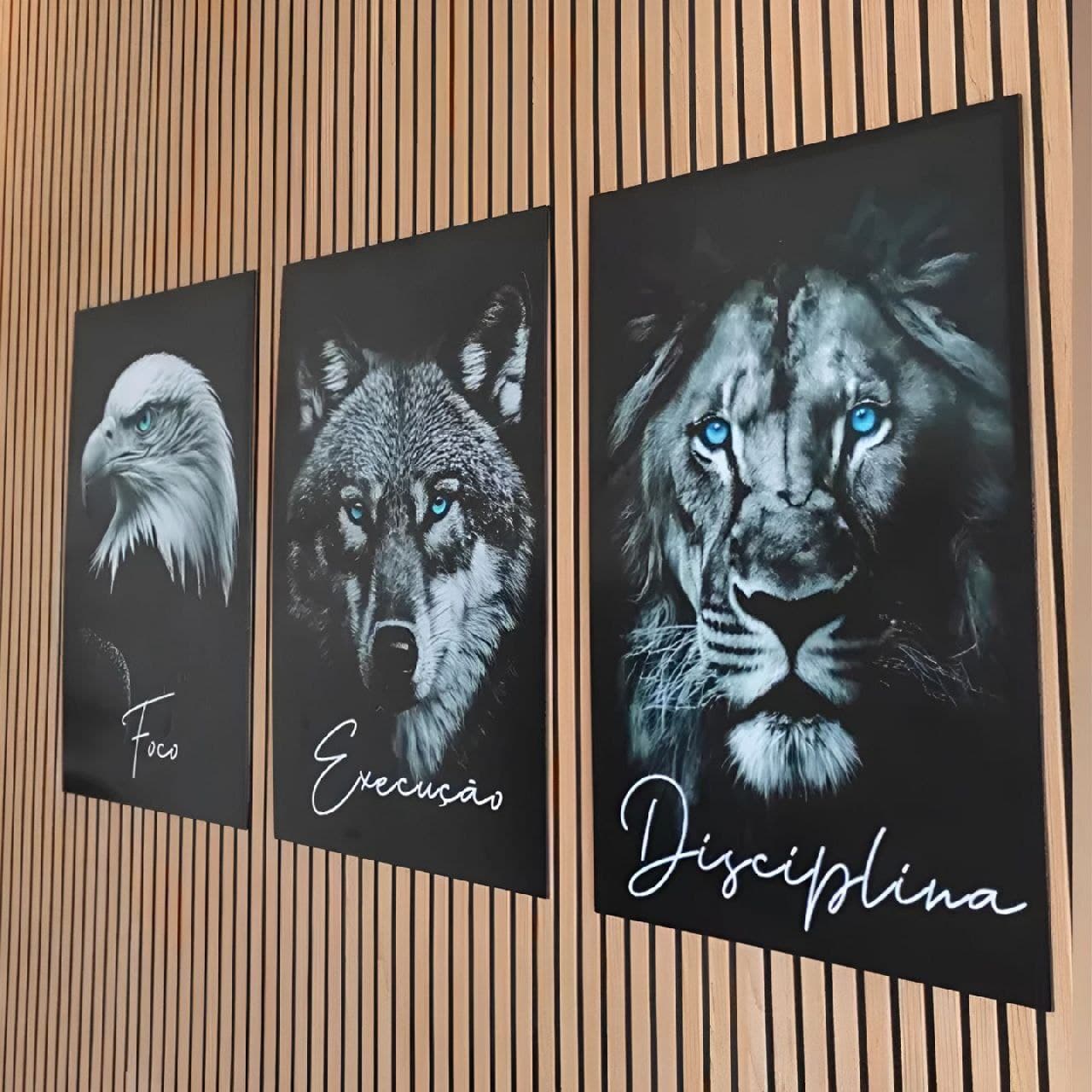 Quadros Decorativos Leão Águia Disciplina Motivação 3 Peças