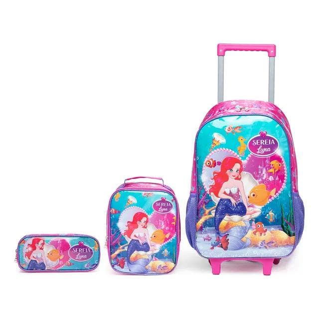 Kit Mochila De Rodinhas Estojo Lancheira Infantil Escolar