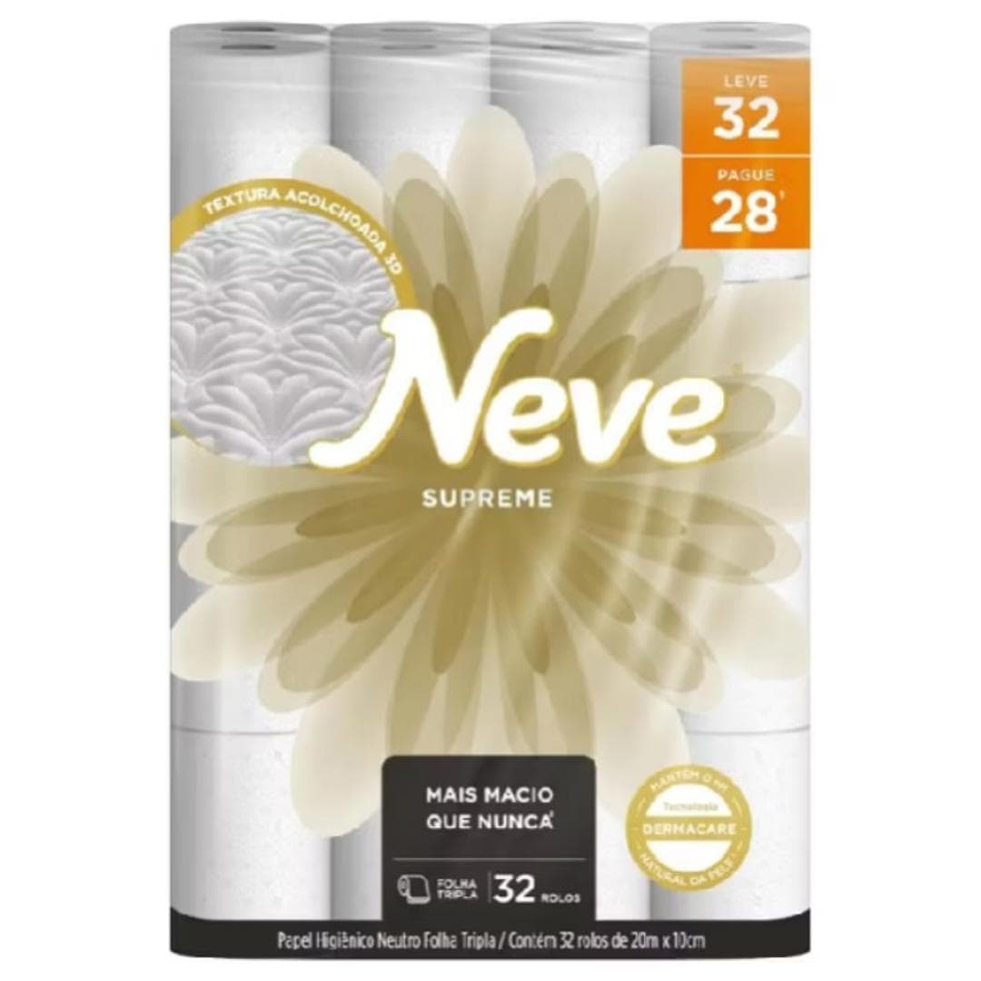PAPEL HIGIENICO NEVE SUPREME FOLHA TRIPLA LEVE 32 PAGUE 28 ROLOS