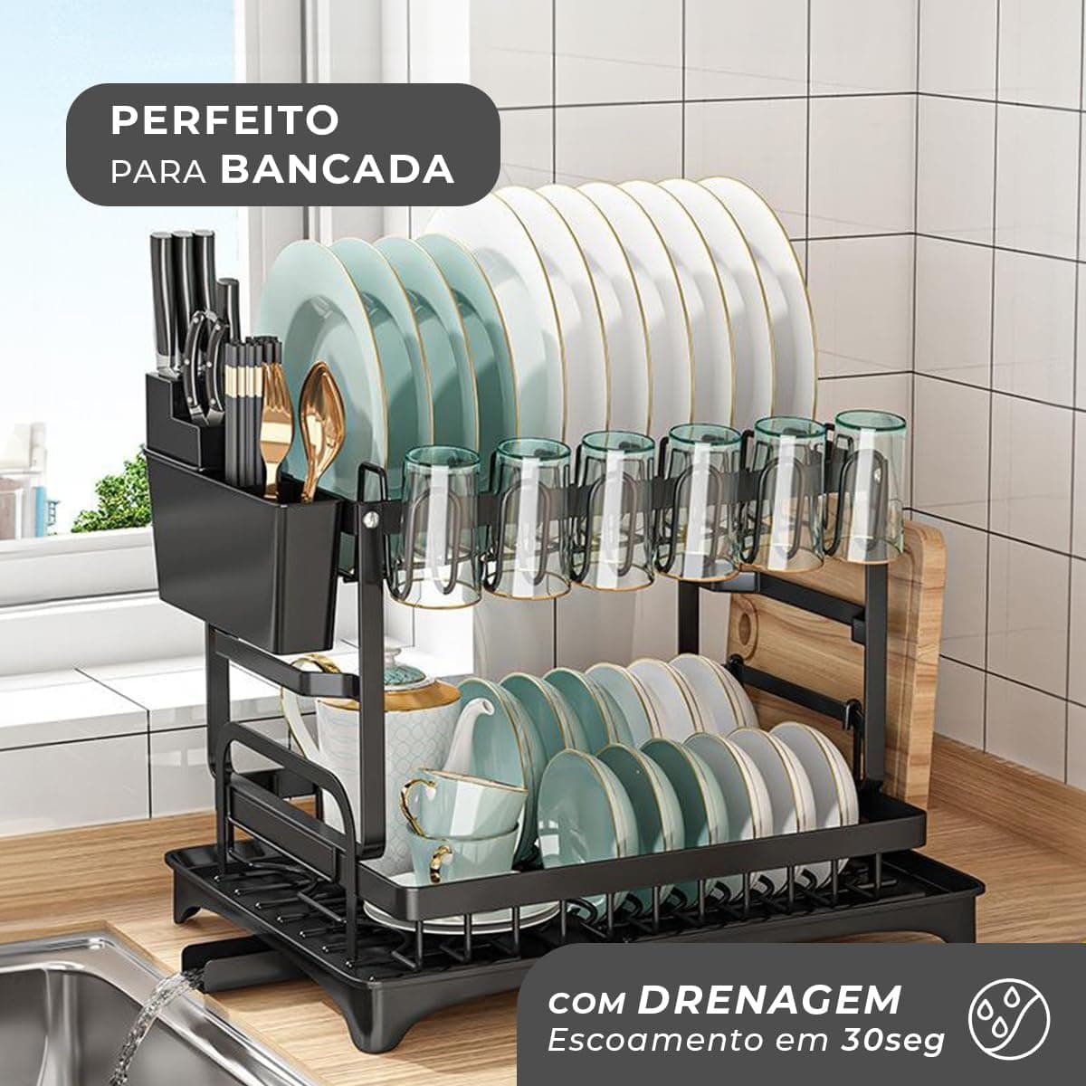 Decolab Escorredor de Louça - Com Bandeja Para Saída de Água - Para Pratos de Jantar, Talheres e Copos