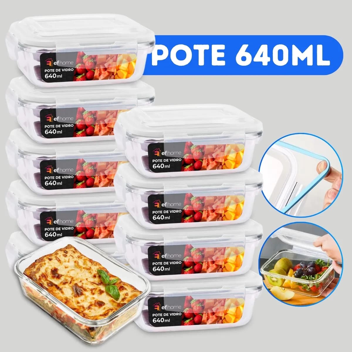 Conjunto 10 Potes 640ml Vidro Hermético 4 Travas Marmita