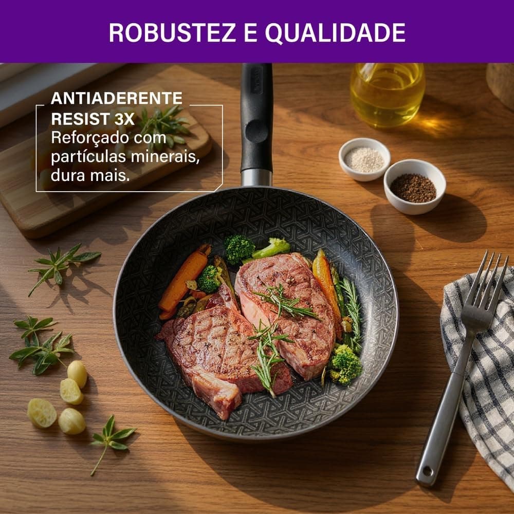 Frigideira Rochedo Robusta Grafite 26cm com Antiaderente Resist 3X, Reforçado com Partículas Minerais