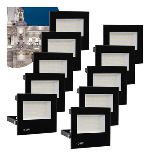 Kit 10 Refletor Led Ry 100w Prova Dágua Ip66 Carcaça Preto Luz Branco-frio