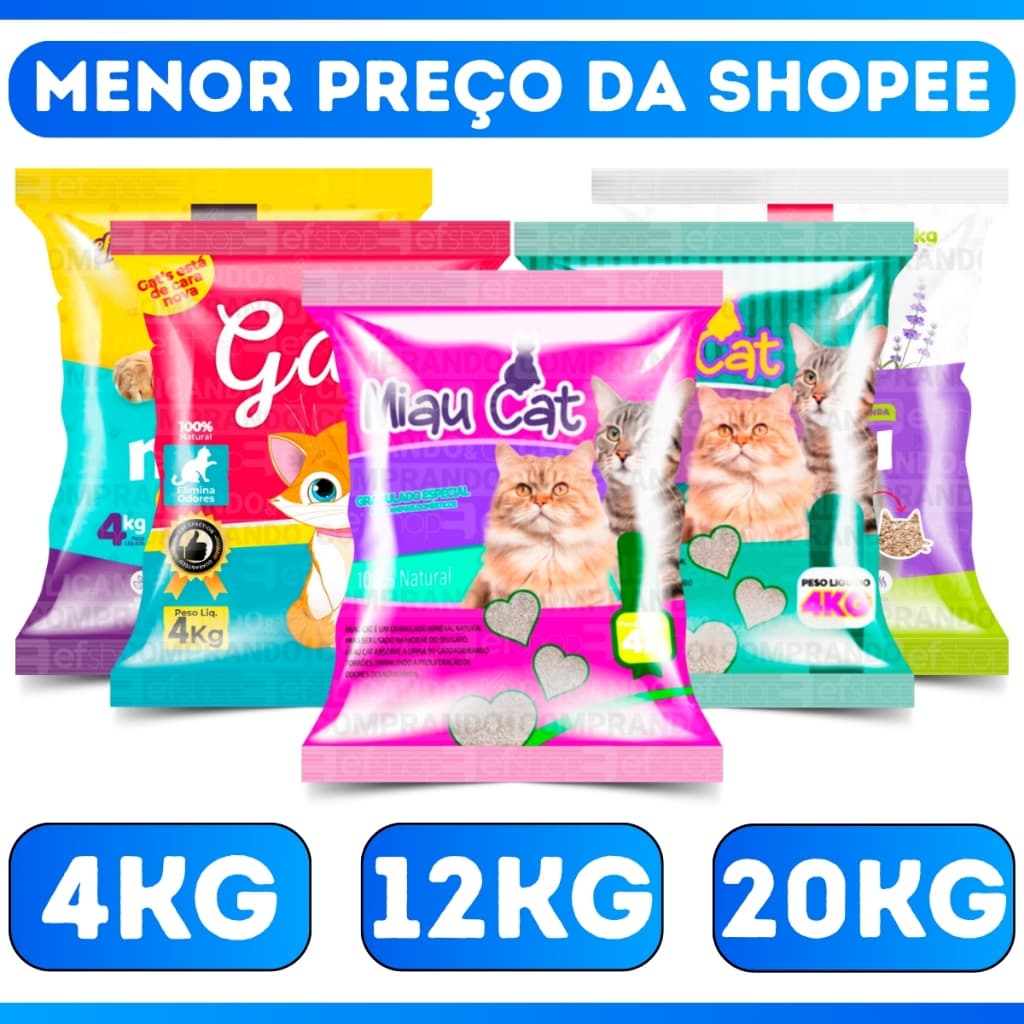 Kit *1 a 5* Pacotes de Areia Sanitária Antiodor Tira Cheiro Miaucat Gatos Tradicional 100% Natural